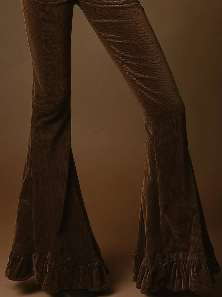 Casual And Stylish Brown Corduroy Flared Pants With Ruffled Hem sold by Oyrosy product image thumbnail 4