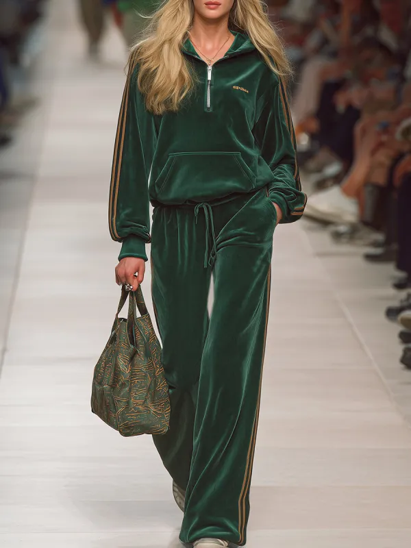 Casual Sports Green Velvet Sweatshirt And Pants Set sold by Oyrosy