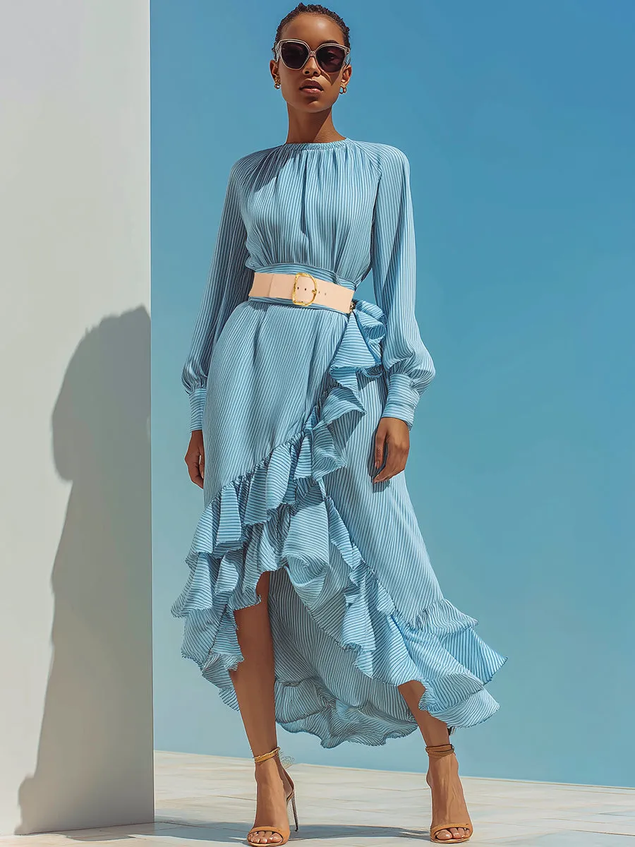 Casual Light Blue Striped Ruffled Maxi Dress sold by Oyrosy product image thumbnail 2