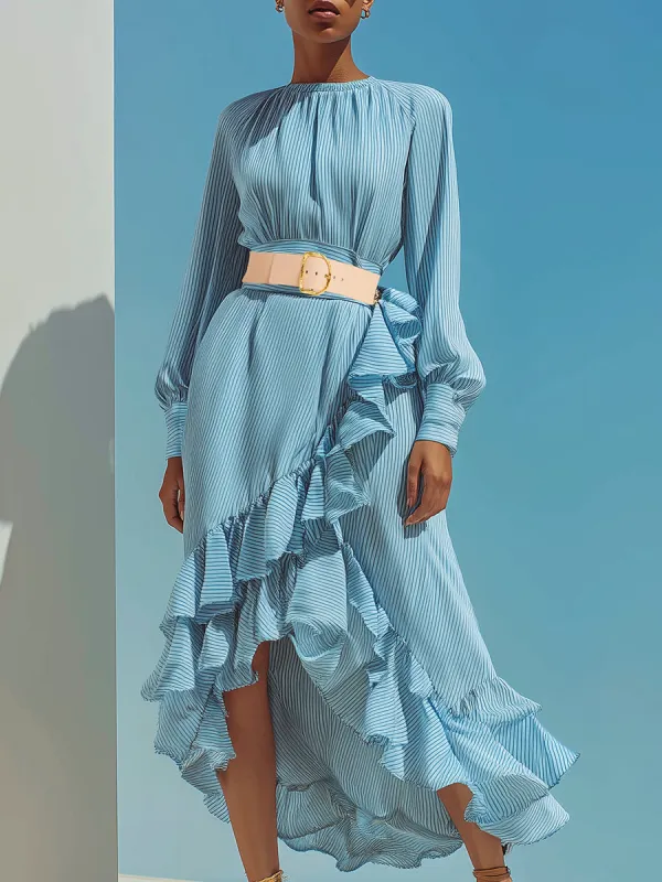 Casual Light Blue Striped Ruffled Maxi Dress sold by Oyrosy