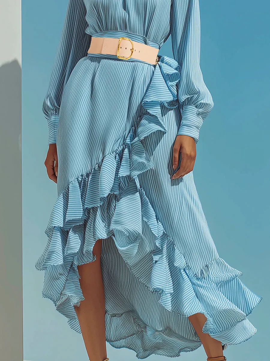 Casual Light Blue Striped Ruffled Maxi Dress sold by Oyrosy product image thumbnail 4