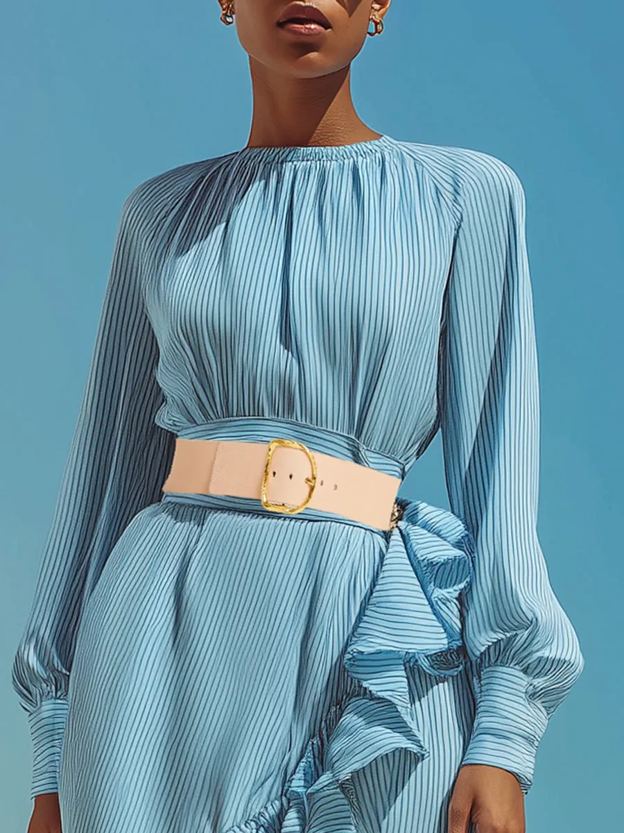Casual Light Blue Striped Ruffled Maxi Dress sold by Oyrosy product image thumbnail 3