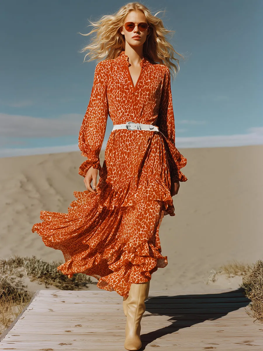 Stylish And Casual Ruffle Trim Orange Leopard Print Chiffon Maxi Dress sold by Oyrosy product image thumbnail 2