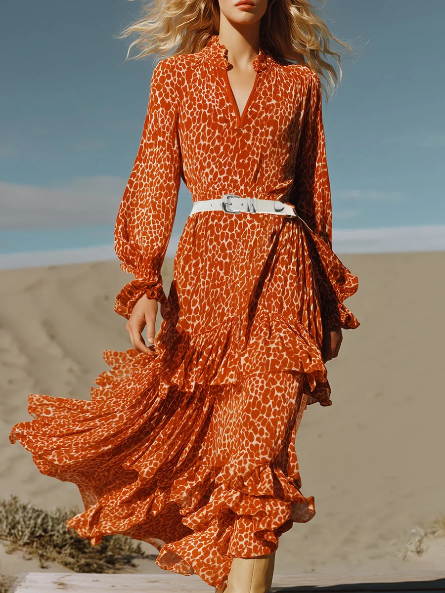 Stylish And Casual Ruffle Trim Orange Leopard Print Chiffon Maxi Dress sold by Oyrosy