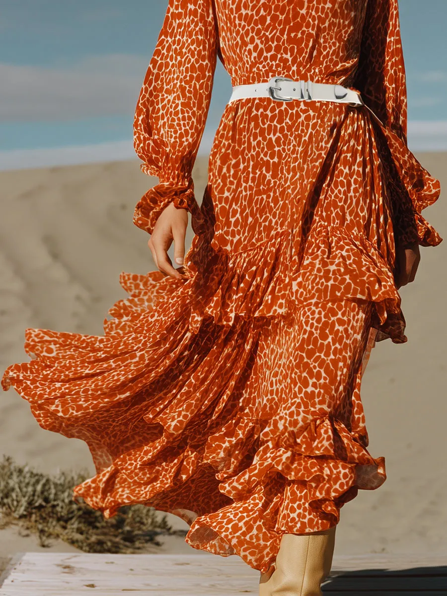 Stylish And Casual Ruffle Trim Orange Leopard Print Chiffon Maxi Dress sold by Oyrosy product image thumbnail 4