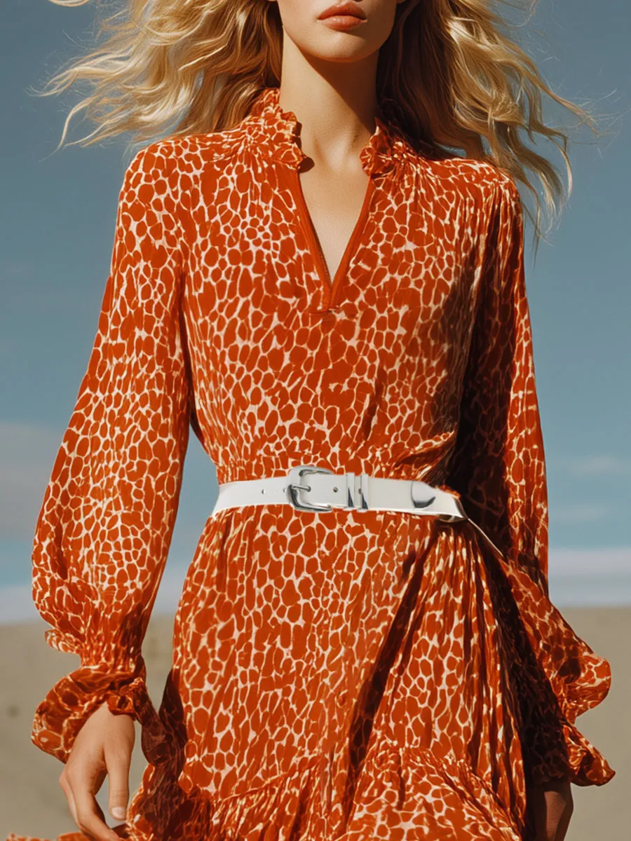 Stylish And Casual Ruffle Trim Orange Leopard Print Chiffon Maxi Dress sold by Oyrosy product image thumbnail 3