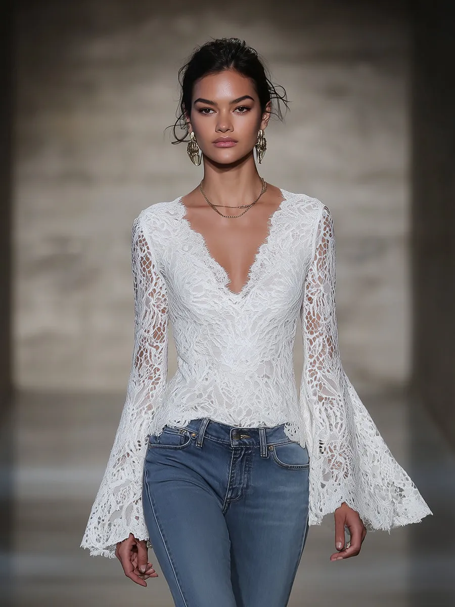 Stylish White Lace V-neck Bell Sleeve Top sold by Oyrosy product image thumbnail 2