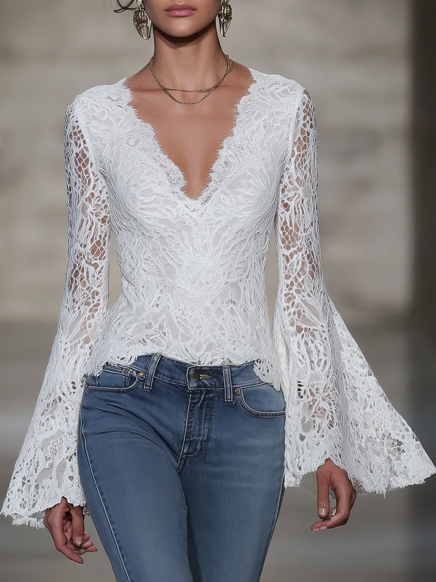 Stylish White Lace V-neck Bell Sleeve Top sold by Oyrosy