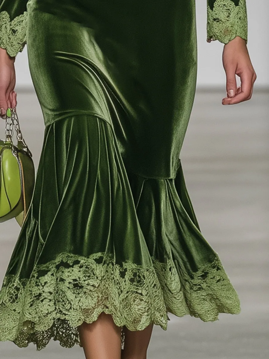 Elegant Green Velvet V-Neck Patchwork Lace Midi Dress sold by Oyrosy product image thumbnail 4