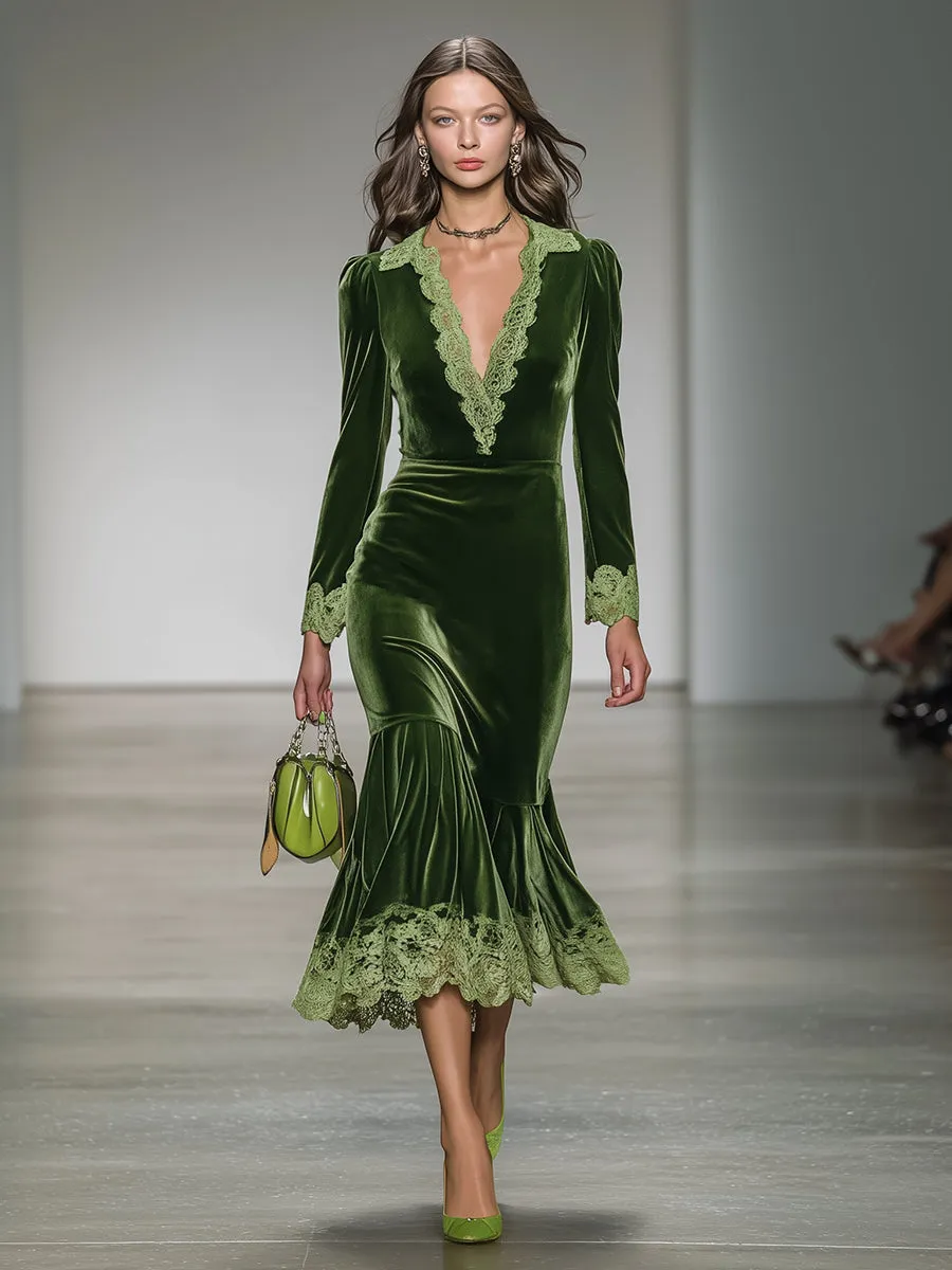 Elegant Green Velvet V-Neck Patchwork Lace Midi Dress sold by Oyrosy product image thumbnail 2