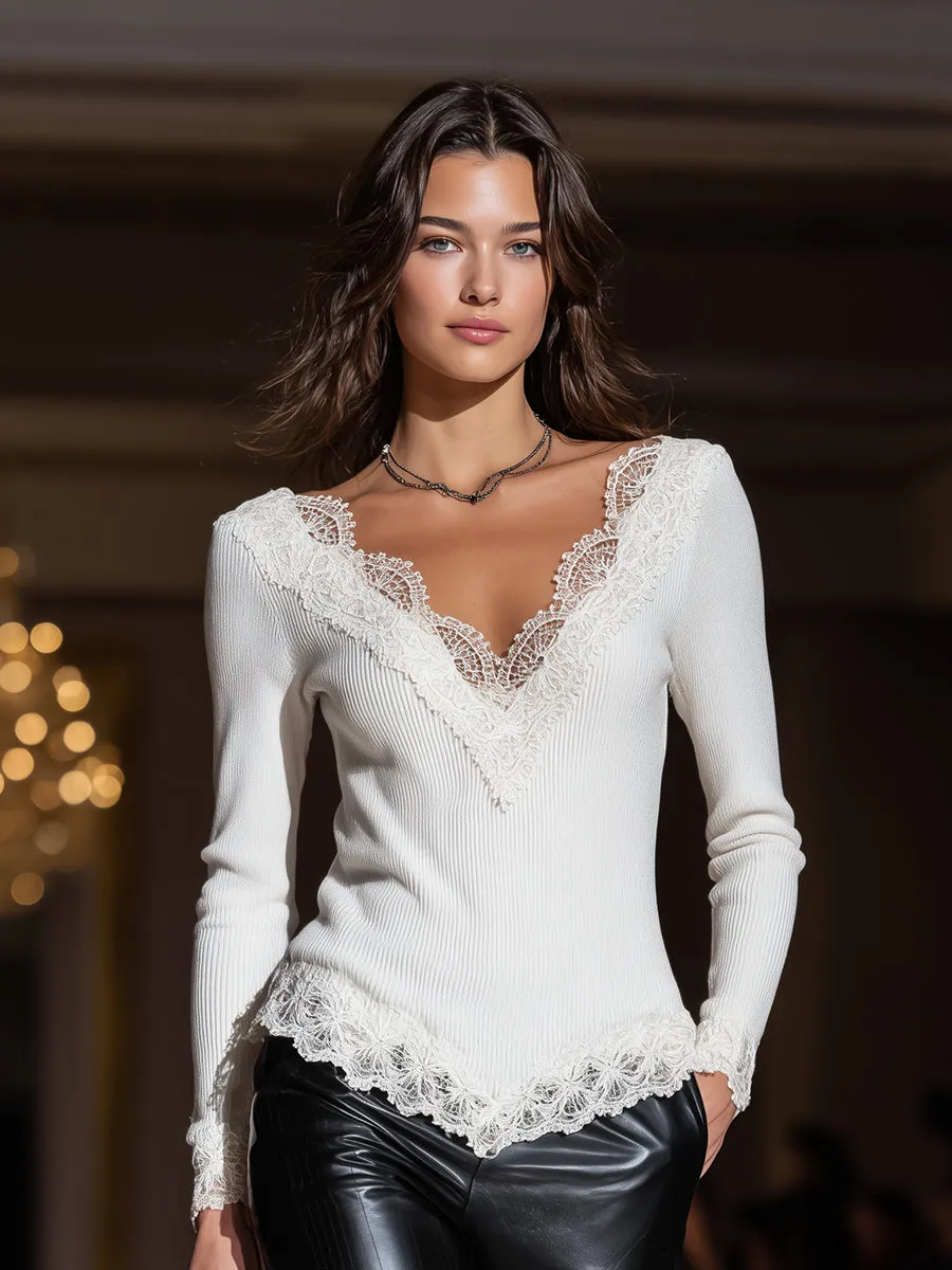 Stylish White Knitted V-neck Patchwork Lace Sweater sold by Oyrosy product image thumbnail 2