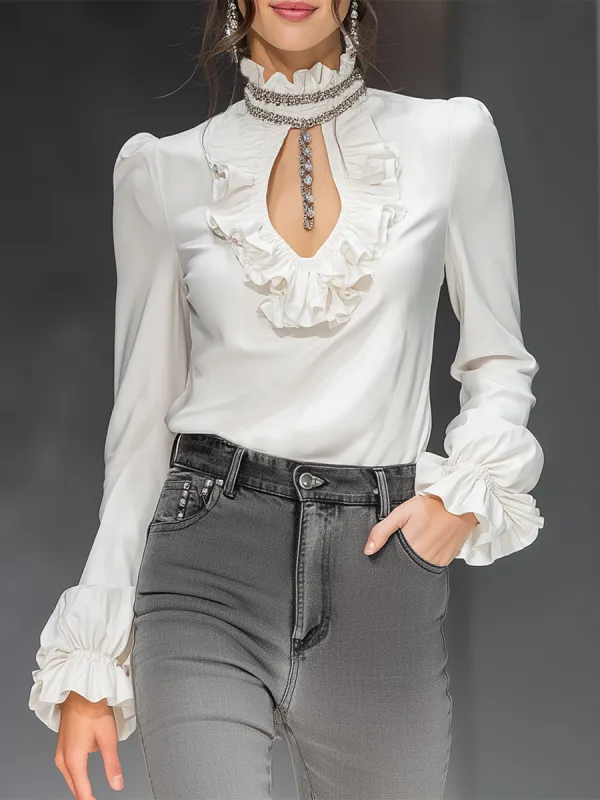 Elegant White Top With Rhinestone Chain Design At The Neckline sold by Oyrosy