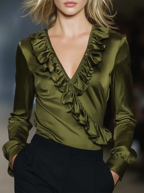 Elegant Olive Green V-neck Ruffled Long-sleeved Top sold by Oyrosy