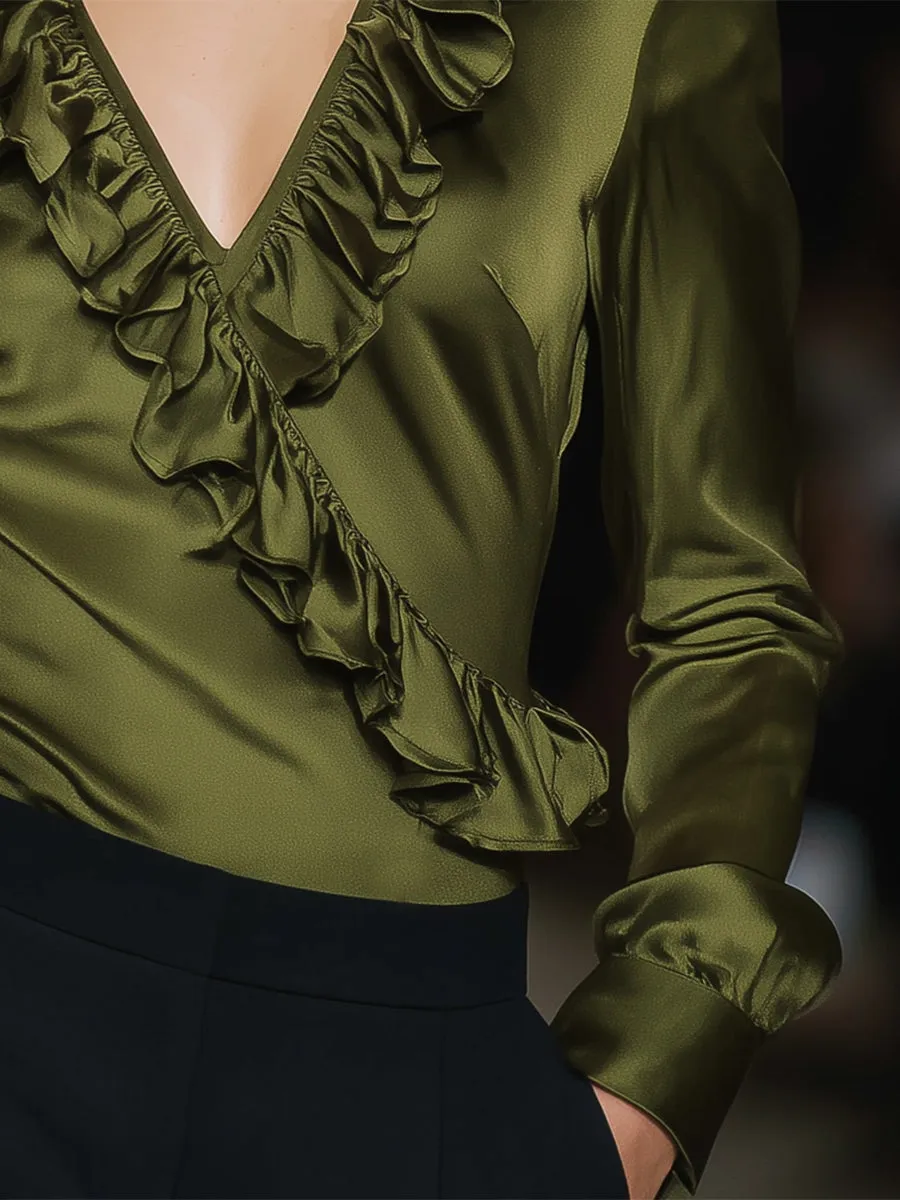 Elegant Olive Green V-neck Ruffled Long-sleeved Top sold by Oyrosy product image thumbnail 4