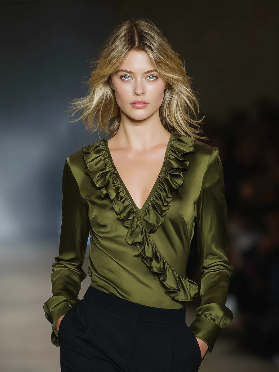 Elegant Olive Green V-neck Ruffled Long-sleeved Top sold by Oyrosy product image thumbnail 2