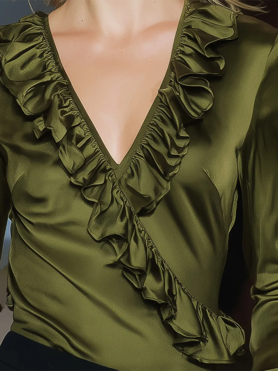 Elegant Olive Green V-neck Ruffled Long-sleeved Top sold by Oyrosy product image thumbnail 3