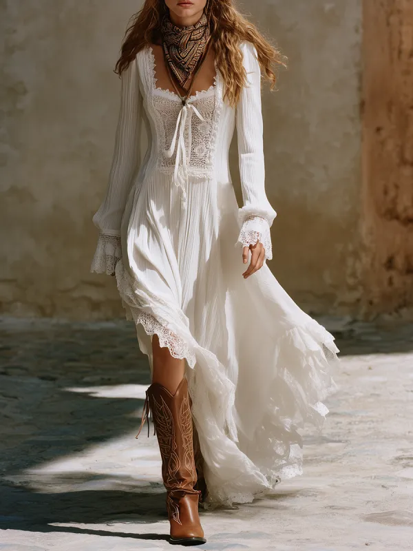 Romantic Bohemian Square Neck Lace-trimmed White Cotton Maxi Dress sold by Oyrosy