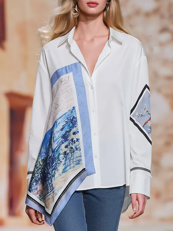Stylish Silk Scarf Print White Loose-fitting Shirt sold by Oyrosy