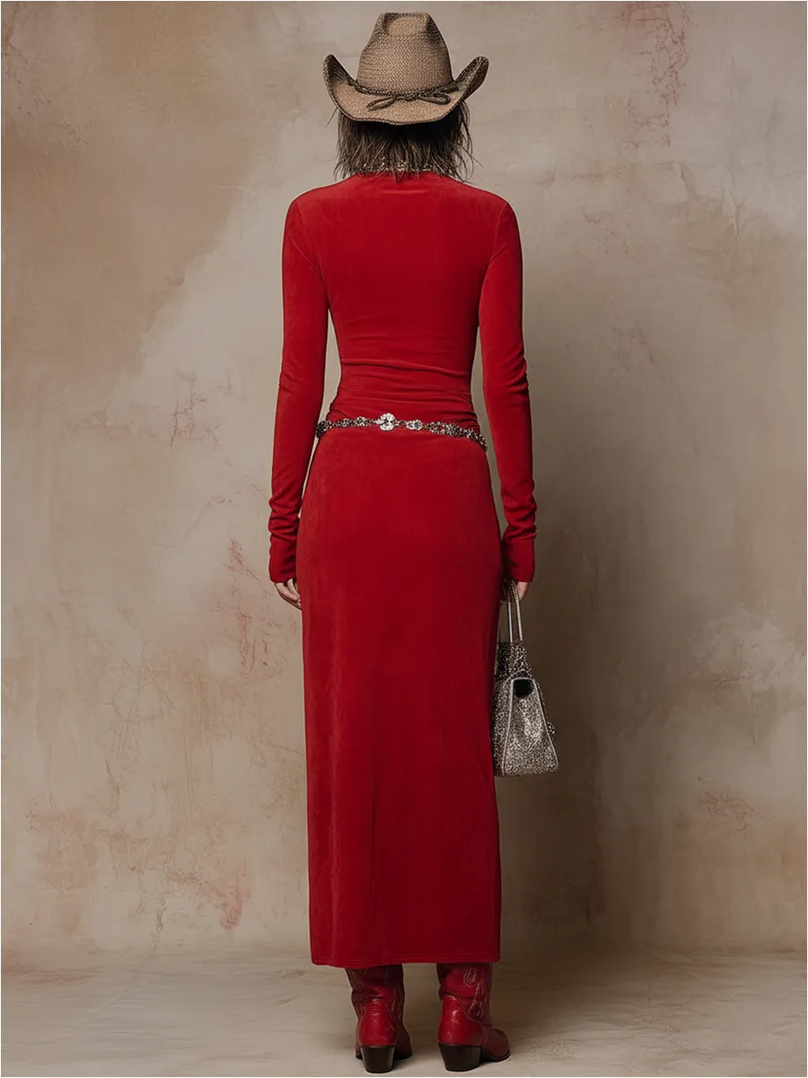 Retro Western Style Slit Hem Red Faux Suede Maxi Dress sold by Oyrosy product image thumbnail 2