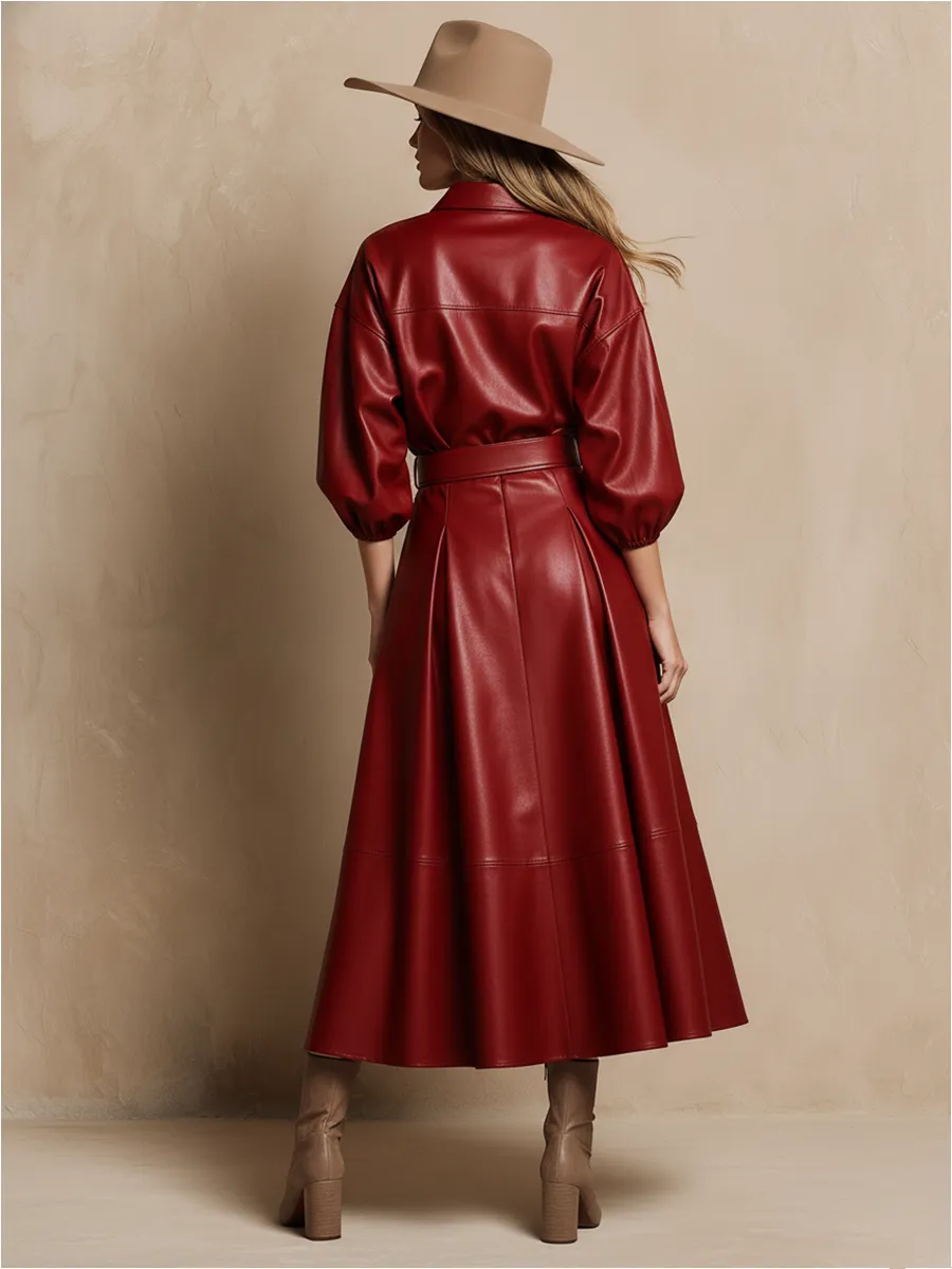 Loose Red Faux Leather Shirt And Flared Skirt Set sold by Oyrosy product image thumbnail 3