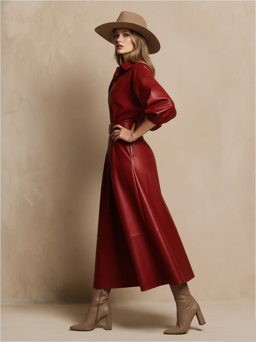 Loose Red Faux Leather Shirt And Flared Skirt Set sold by Oyrosy product image thumbnail 4
