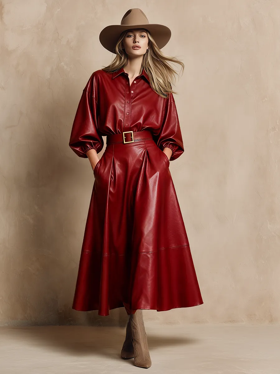 Loose Red Faux Leather Shirt And Flared Skirt Set sold by Oyrosy product image thumbnail 5
