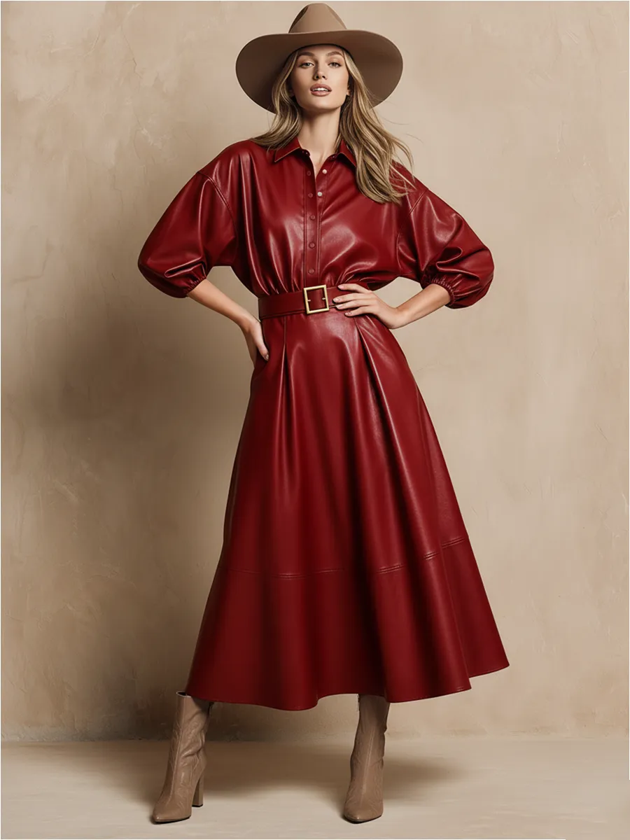 Loose Red Faux Leather Shirt And Flared Skirt Set sold by Oyrosy product image thumbnail 2