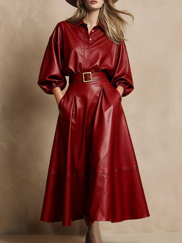 Loose Red Faux Leather Shirt And Flared Skirt Set sold by Oyrosy