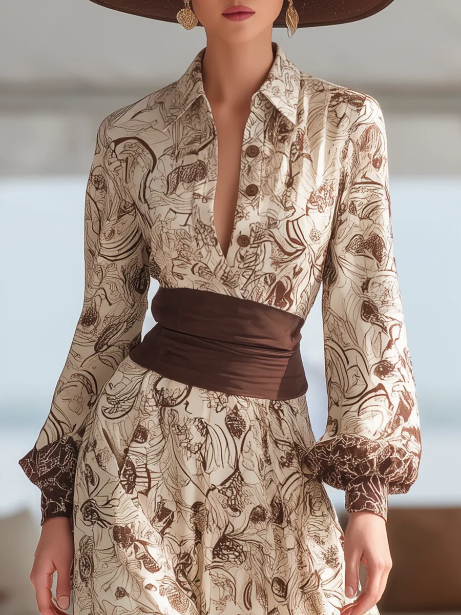 Retro Print Elegant Long-Sleeved Shirt Dress sold by Oyrosy product image thumbnail 3