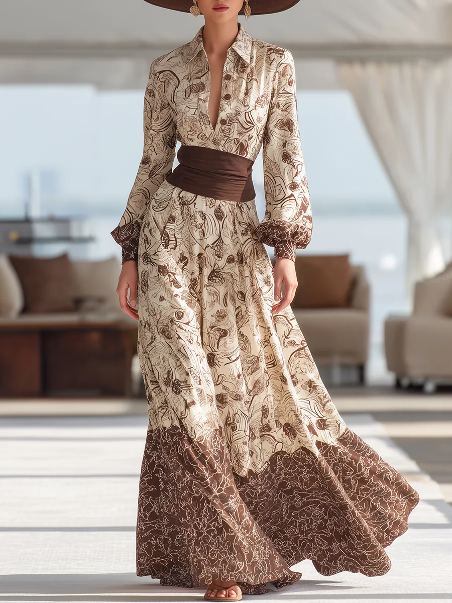 Retro Print Elegant Long-Sleeved Shirt Dress sold by Oyrosy