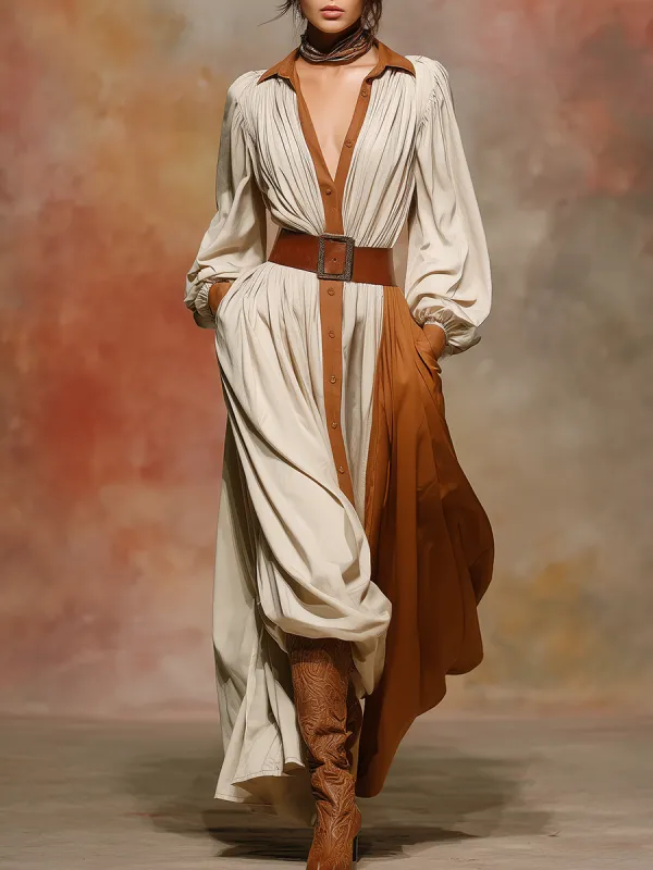 Retro-style Lapel Color-blocked Maxi Dress sold by Oyrosy