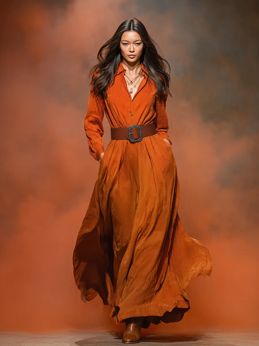 Retro Solid Color Corduroy Long-sleeved Maxi Dress sold by Oyrosy product image thumbnail 2