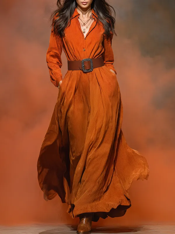 Retro Solid Color Corduroy Long-sleeved Maxi Dress sold by Oyrosy