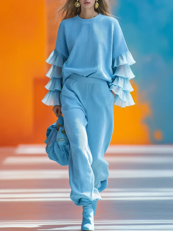 Elegant And Stylish Sporty Crew Neck Ruffled Sweatshirt And Wide-leg Pants Set sold by Oyrosy