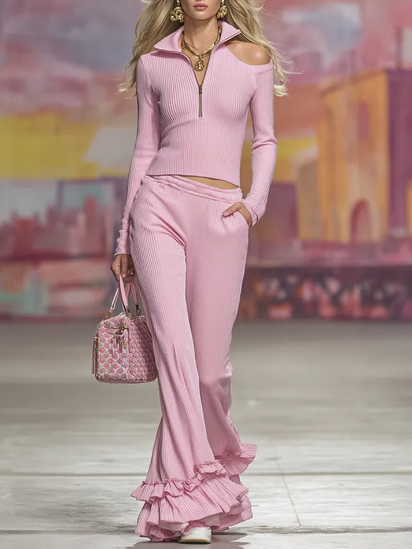 Stylish Sporty Zip-up Stand-up Collar Top And Ruffled Wide-leg Pants Set sold by Oyrosy