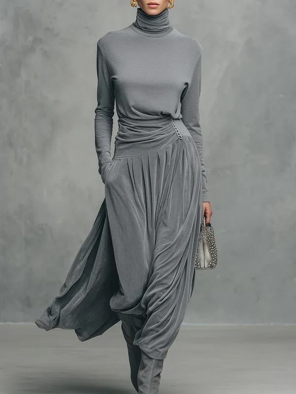 Elegant Retro Stand-up Collar Long-sleeved T-shirt And Velvet Skirt Set sold by Oyrosy