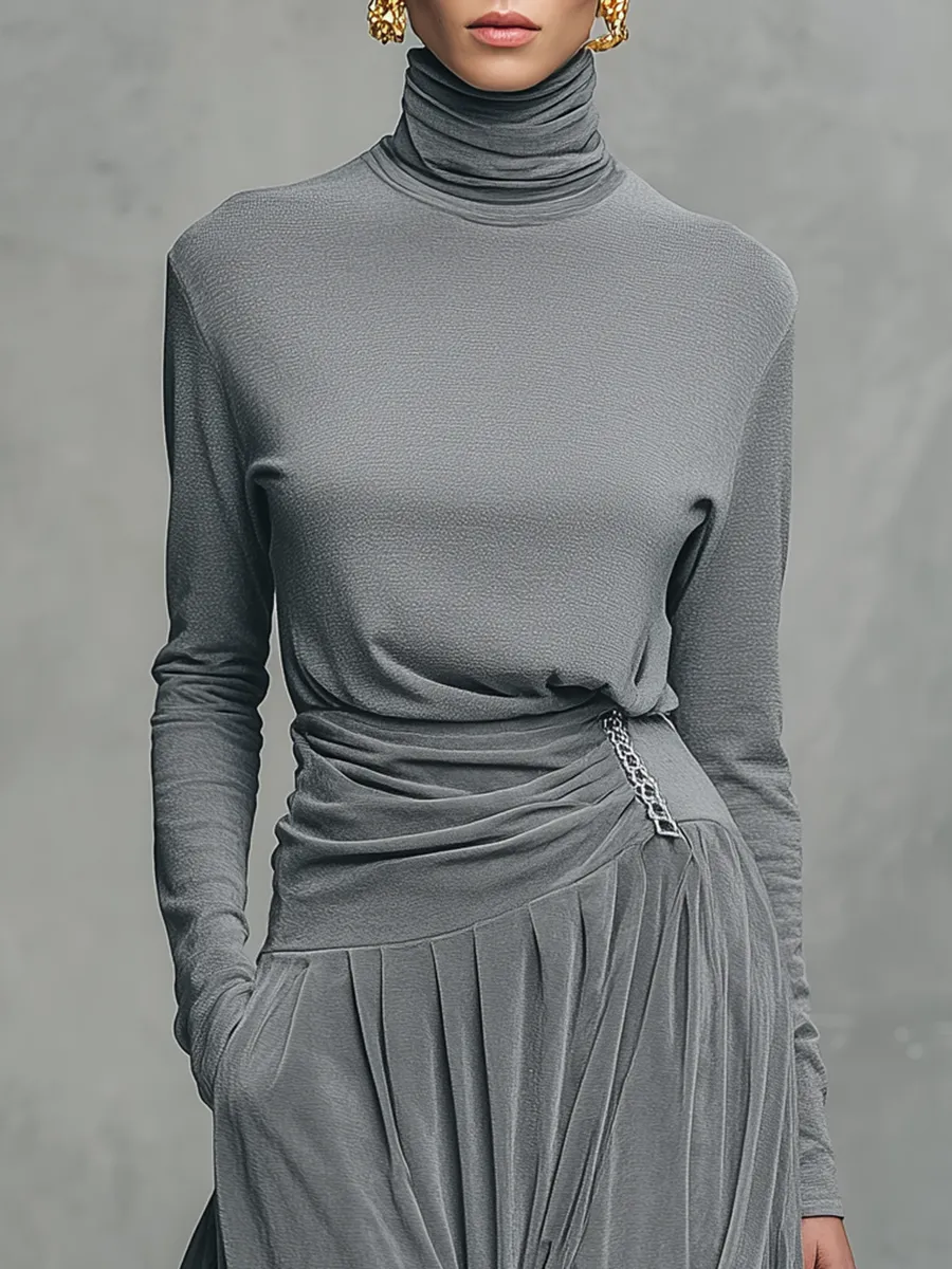 Elegant Retro Stand-up Collar Long-sleeved T-shirt And Velvet Skirt Set sold by Oyrosy product image thumbnail 3