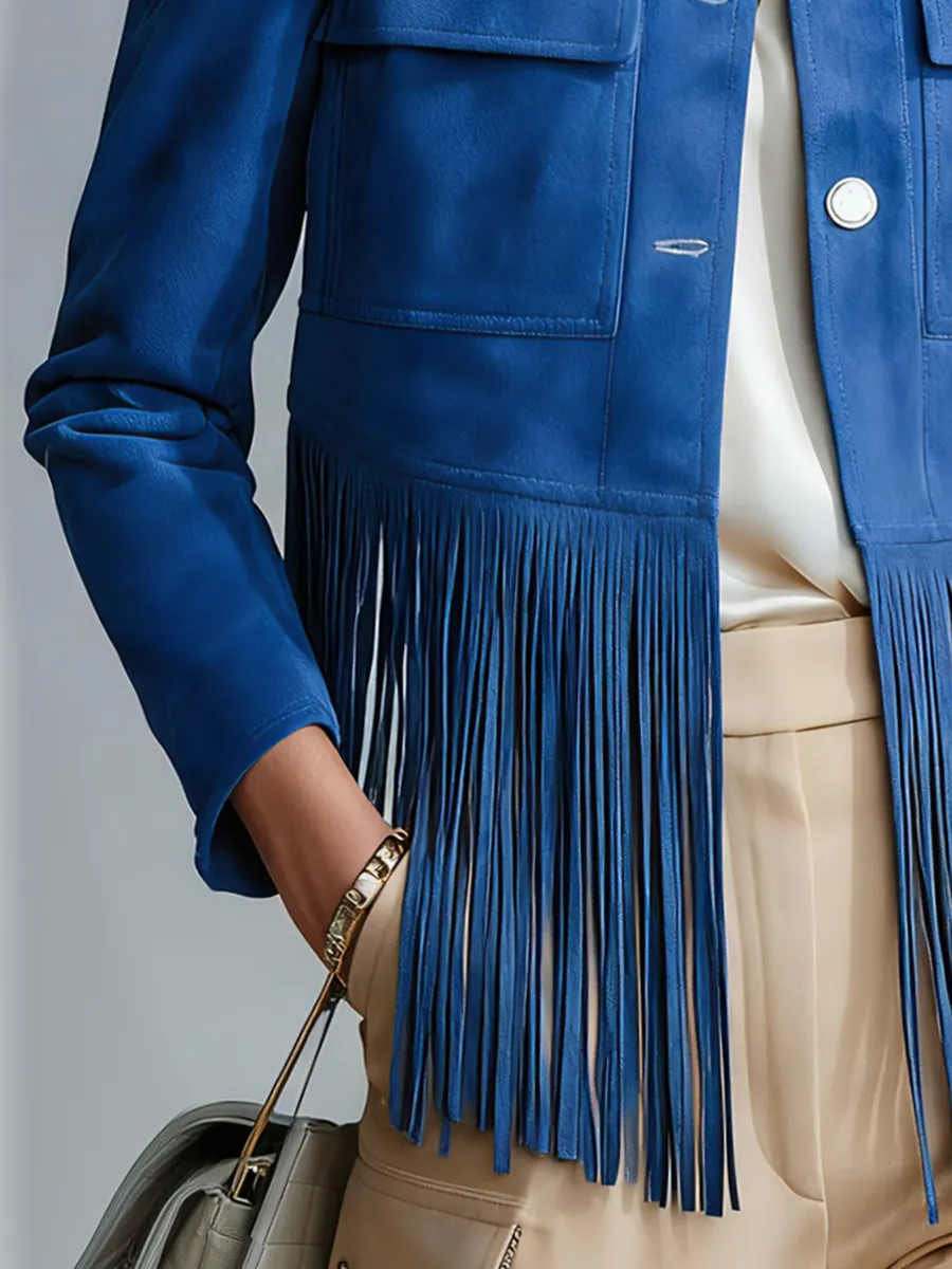 Elegant Stylish Ruffled Hem Tassel Faux Suede Jacket sold by Oyrosy product image thumbnail 4