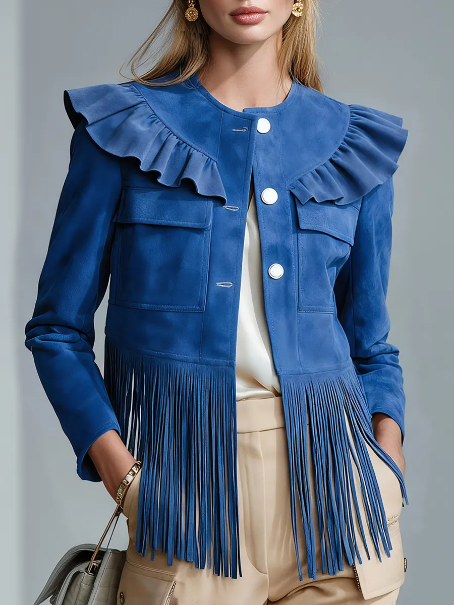 Elegant Stylish Ruffled Hem Tassel Faux Suede Jacket sold by Oyrosy
