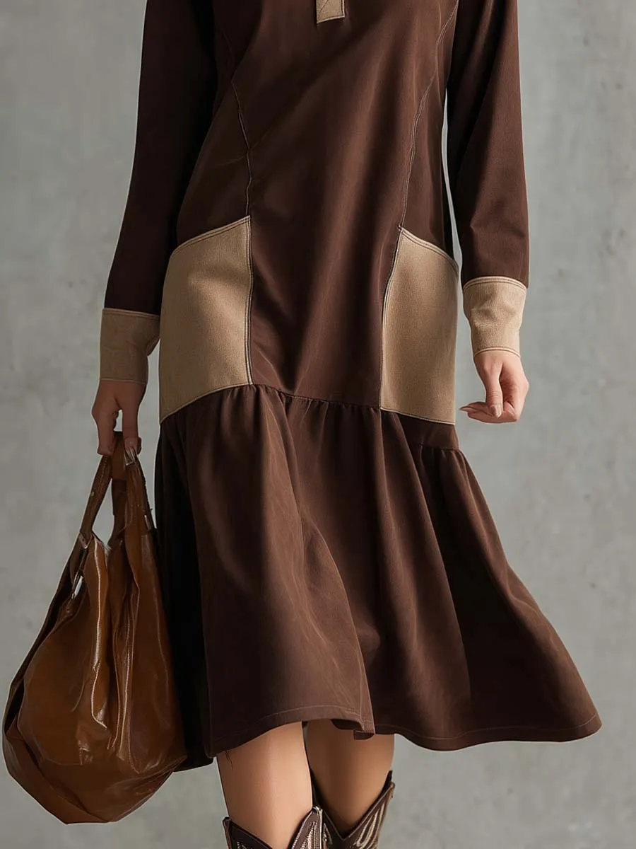 Retro Fashion Sporty Beige Polo Collar Puff Hem Brown Faux Suede Midi Dress sold by Oyrosy product image thumbnail 4