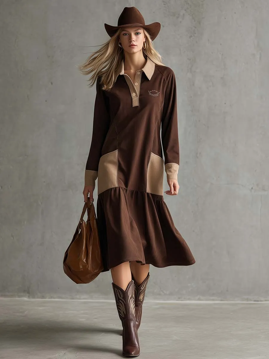 Retro Fashion Sporty Beige Polo Collar Puff Hem Brown Faux Suede Midi Dress sold by Oyrosy product image thumbnail 2