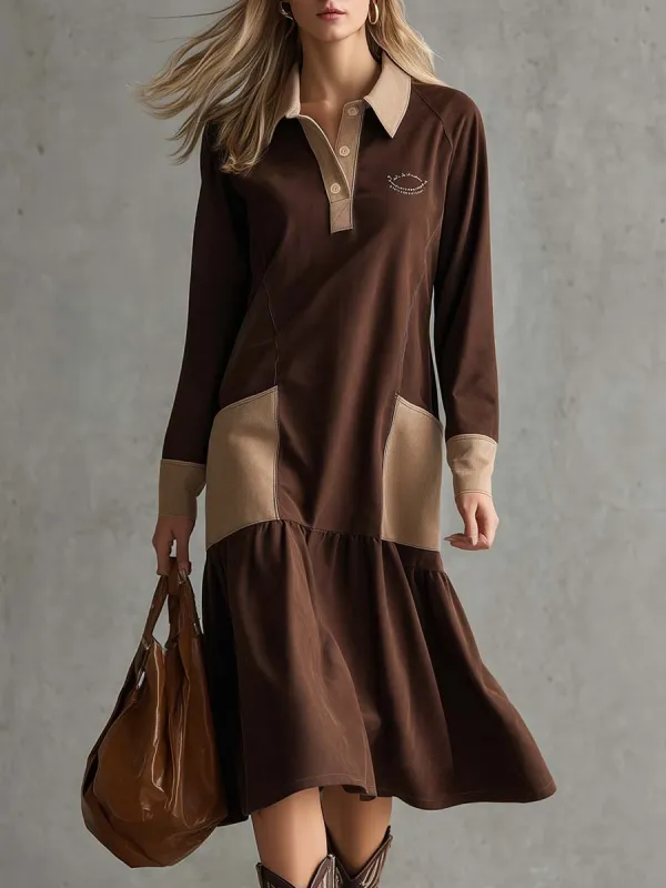 Retro Fashion Sporty Beige Polo Collar Puff Hem Brown Faux Suede Midi Dress sold by Oyrosy
