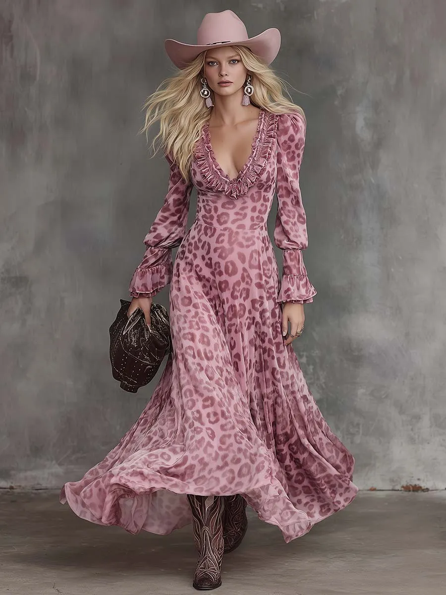 Retro Elegant Ruffled V-neck Puff Hem Pink Leopard Print Chiffon Maxi Dress sold by Oyrosy product image thumbnail 3