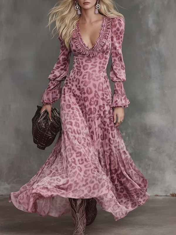 Retro Elegant Ruffled V-neck Puff Hem Pink Leopard Print Chiffon Maxi Dress sold by Oyrosy