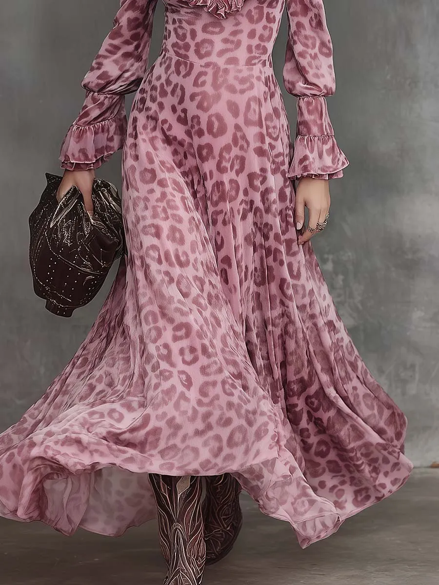 Retro Elegant Ruffled V-neck Puff Hem Pink Leopard Print Chiffon Maxi Dress sold by Oyrosy product image thumbnail 2