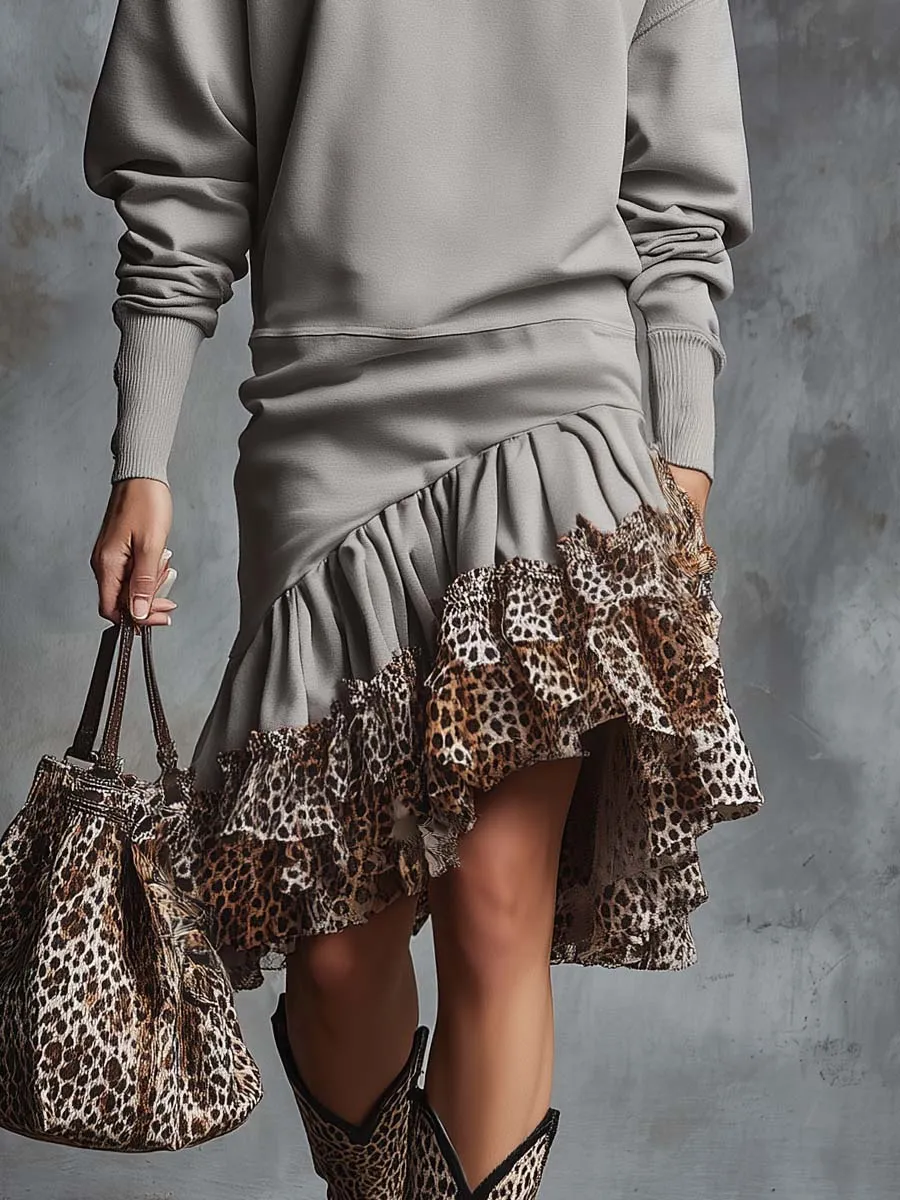 Elegant Retro Western Crew Neck Leopard Print Ruffled Hem Gray Cotton Midi Dress sold by Oyrosy product image thumbnail 4