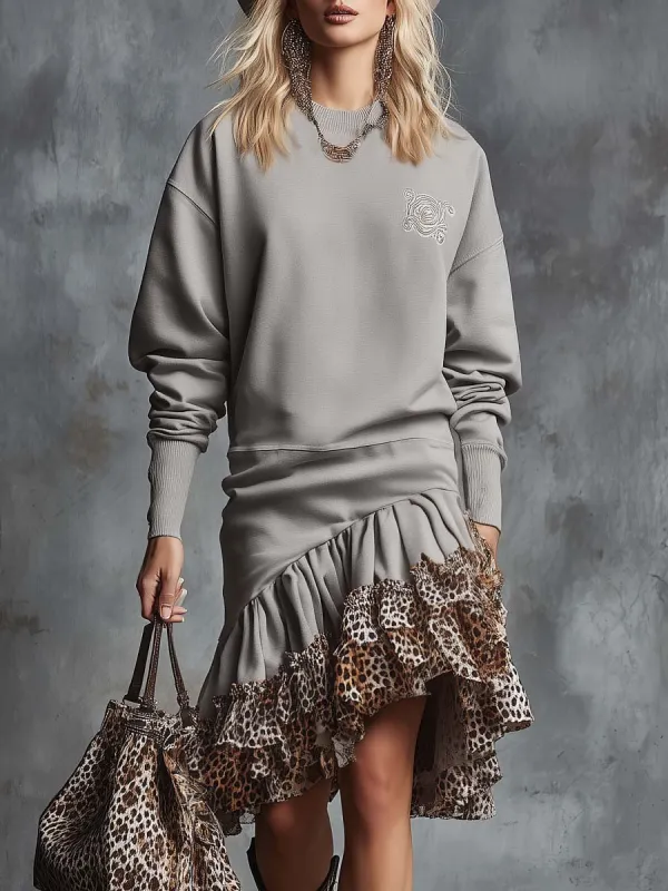 Elegant Retro Western Crew Neck Leopard Print Ruffled Hem Gray Cotton Midi Dress sold by Oyrosy