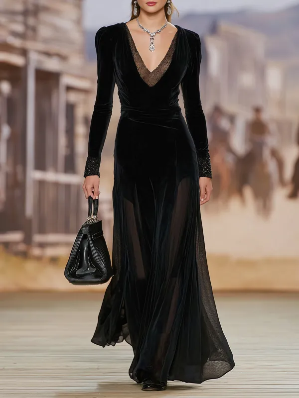 Stylish And Elegant Black Velvet And Chiffon V-neck Lace Maxi Dress sold by Oyrosy