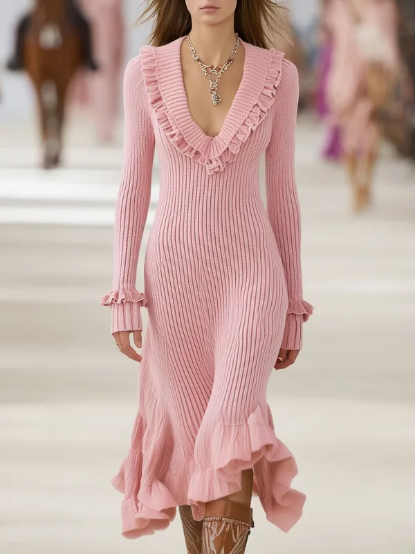 Elegant Pink Knitted Patchwork Ruffled Bell Sleeve Midi Dress sold by Oyrosy