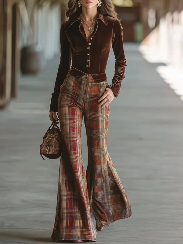 Retro Velvet Brown Shirt And Plaid Flared Pants Set sold by Oyrosy